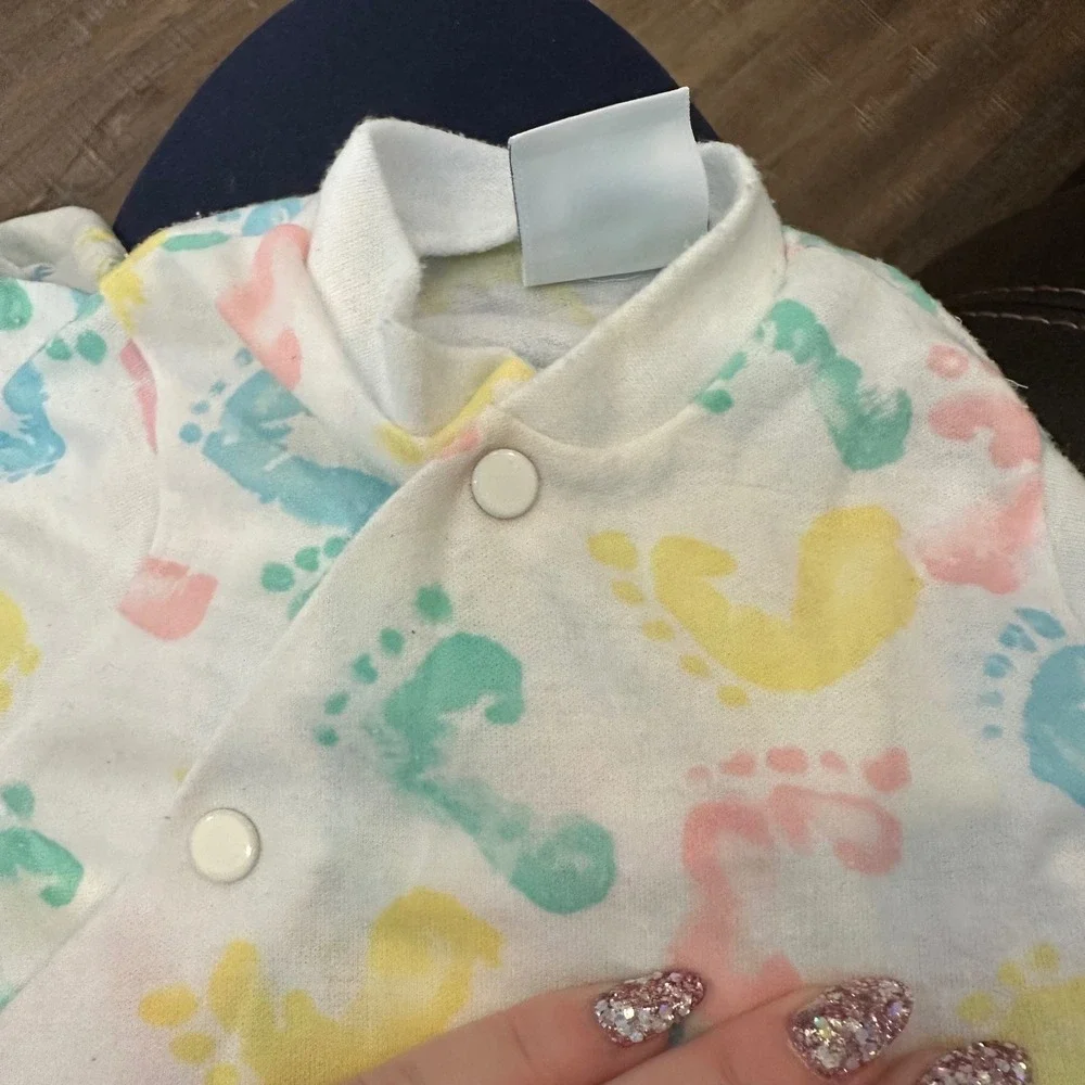 Vintage Little Me Baby Footie Sleeper Set Pastel Animal Footprint White 2PK 0-3M